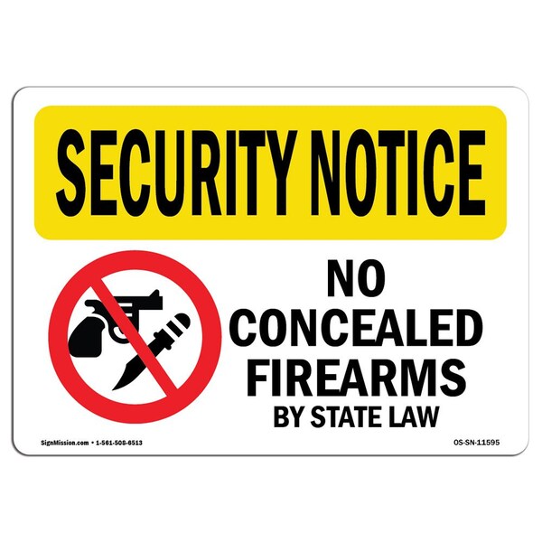 OSHA Security Sign, 3.5" Height, 5" Width, No Concealed Weapons By State Law, Landscape, 10PK